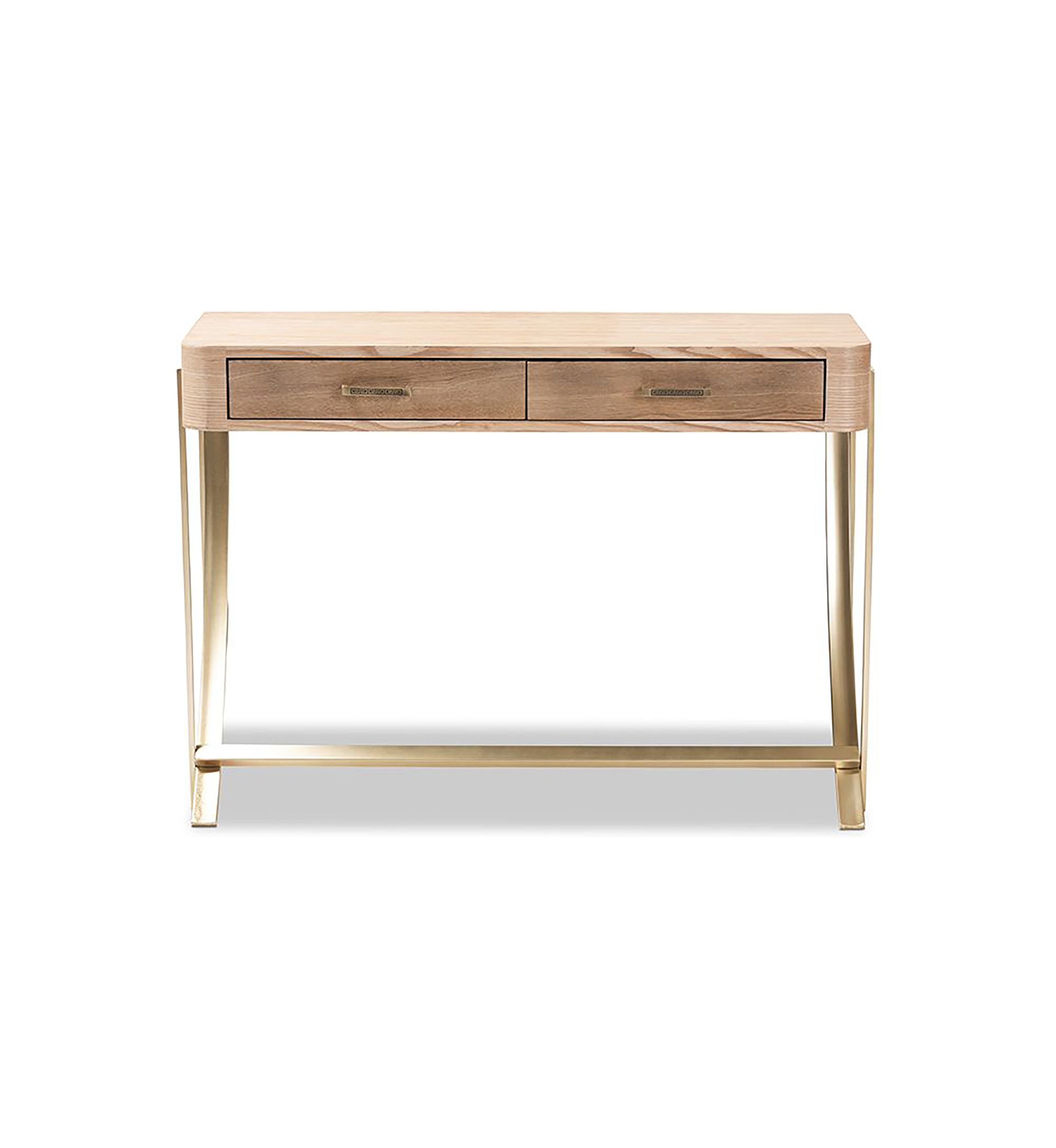 Lafoy Modern and Contemporary Natural Brown Finished Wood and Gold Finished 2-Drawer Console Table
