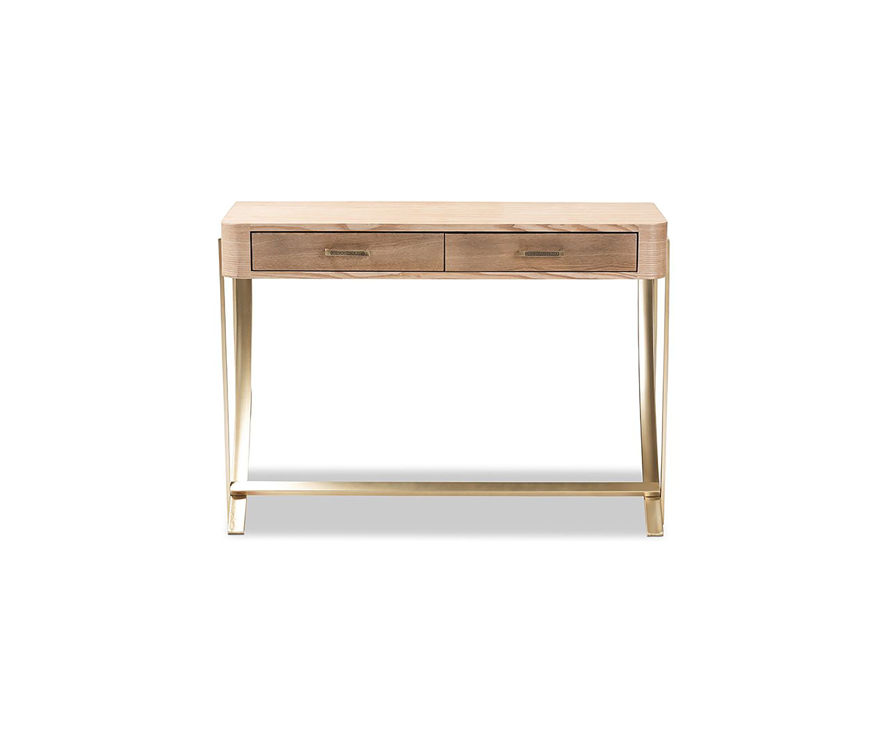 Lafoy Modern and Contemporary Natural Brown Finished Wood and Gold Finished 2-Drawer Console Table