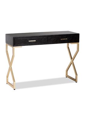 Carville Modern and Contemporary Dark Brown Faux Leather Upholstered Gold Finished 2-Drawer Console Table