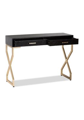 Carville Modern and Contemporary Dark Brown Faux Leather Upholstered Gold Finished 2-Drawer Console Table