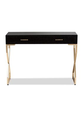 Carville Modern and Contemporary Dark Brown Faux Leather Upholstered Gold Finished 2-Drawer Console Table