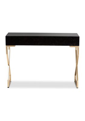 Carville Modern and Contemporary Dark Brown Faux Leather Upholstered Gold Finished 2-Drawer Console Table