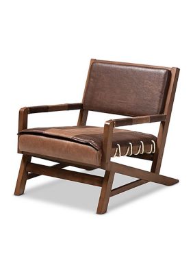 Rovelyn Rustic Brown Faux Leather Effect Fabric Upholstered Walnut Finished Wood Lounge Chair