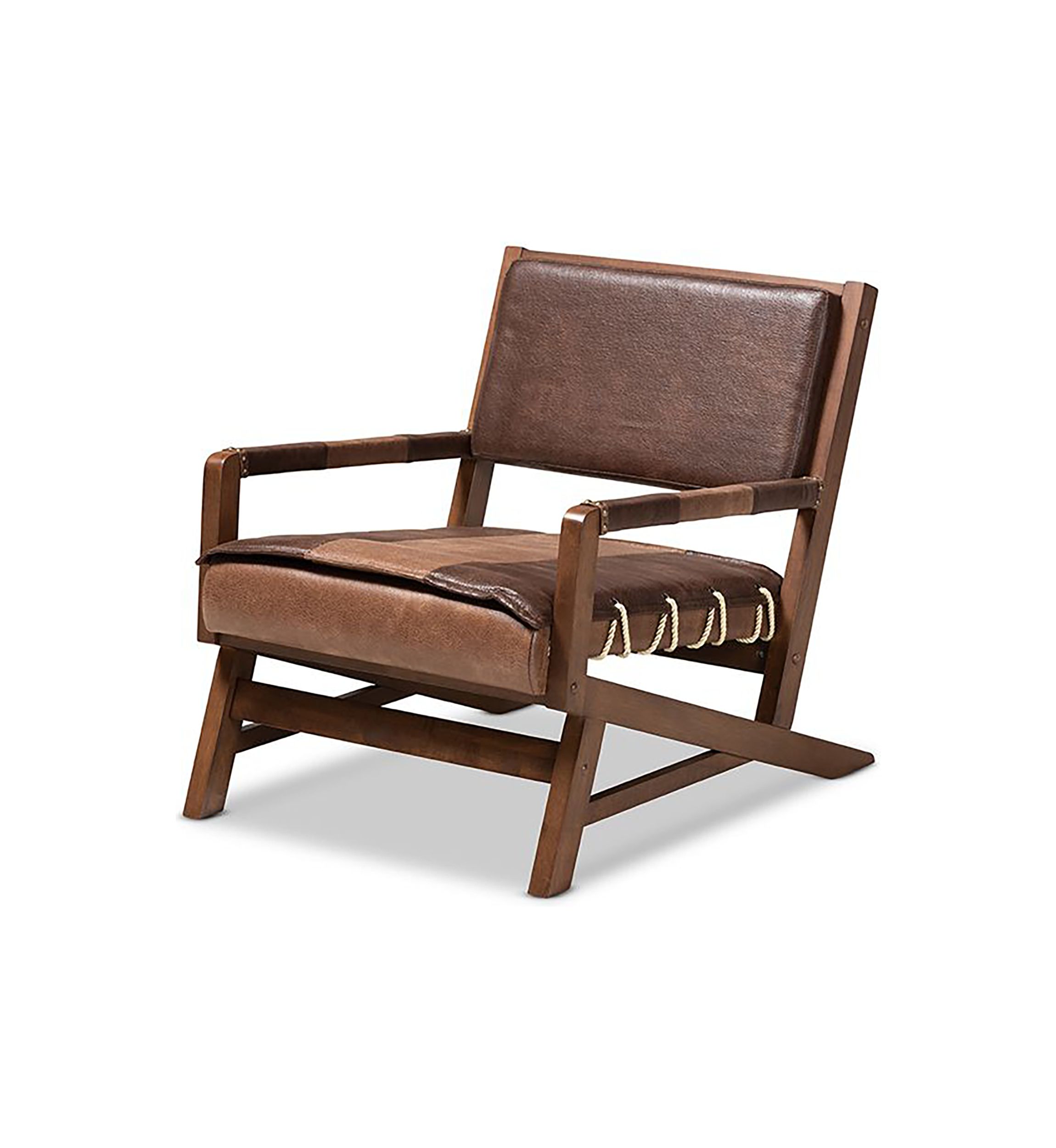Rovelyn Rustic Brown Faux Leather Effect Fabric Upholstered Walnut Finished Wood Lounge Chair