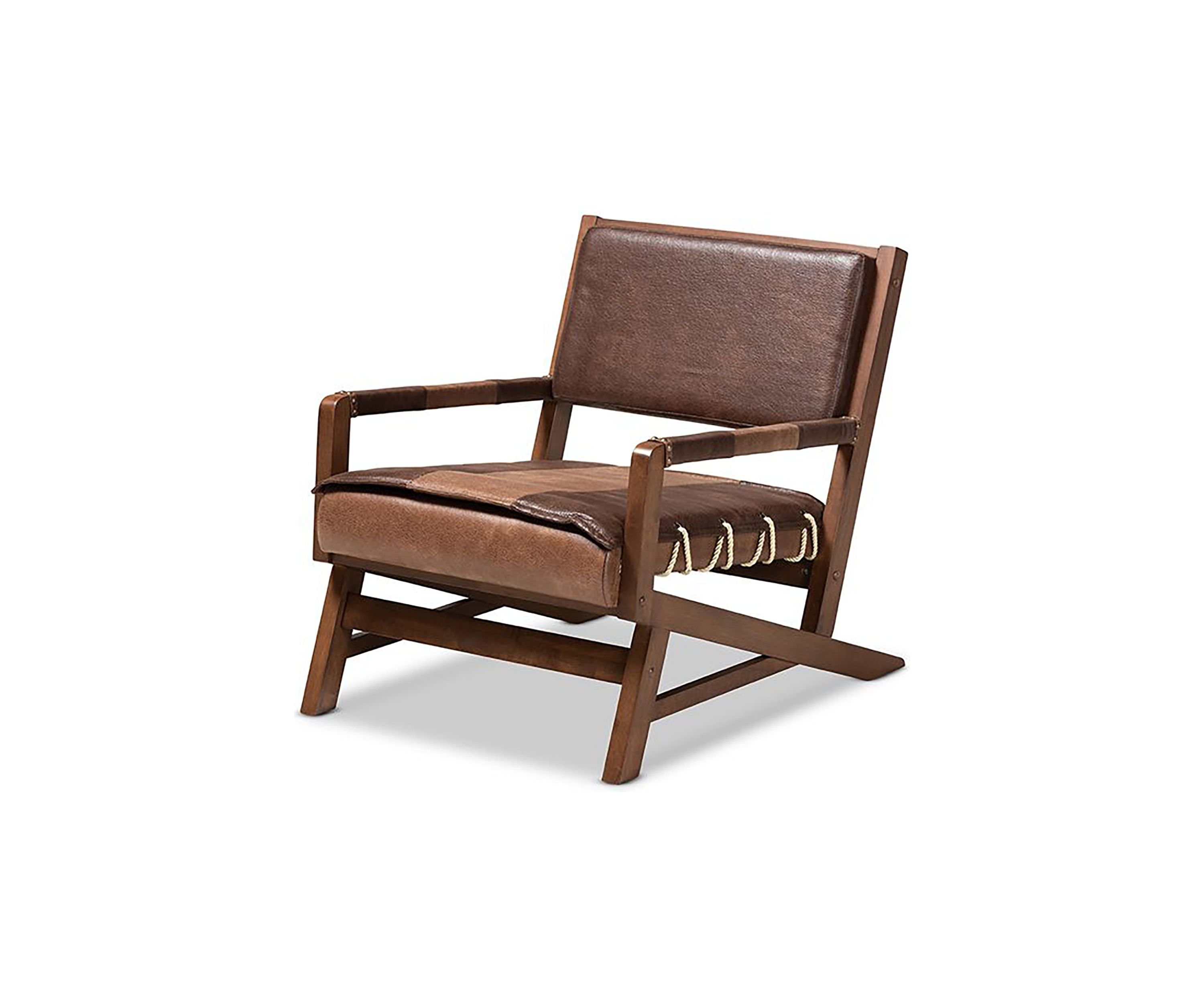 Rovelyn Rustic Brown Faux Leather Effect Fabric Upholstered Walnut Finished Wood Lounge Chair