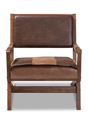 Rovelyn Rustic Brown Faux Leather Effect Fabric Upholstered Walnut Finished Wood Lounge Chair