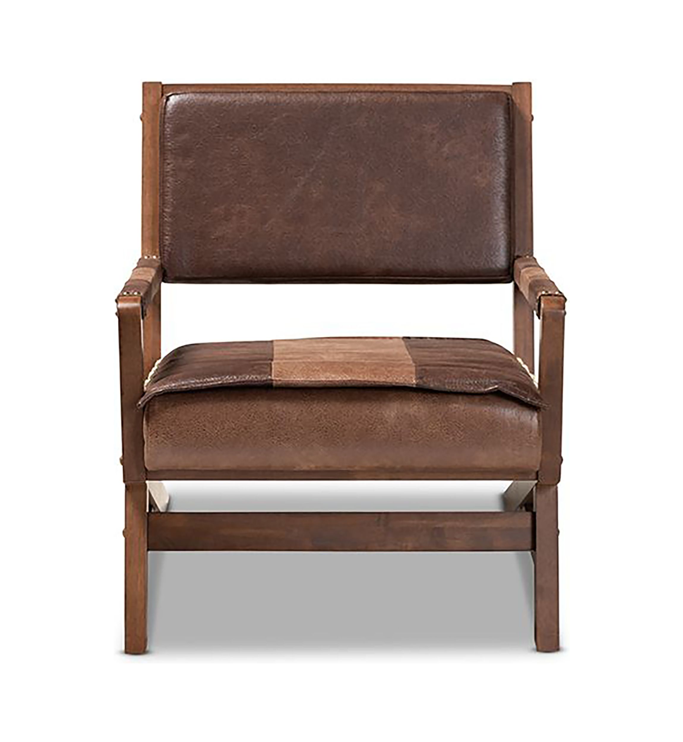 Rovelyn Rustic Brown Faux Leather Effect Fabric Upholstered Walnut Finished Wood Lounge Chair