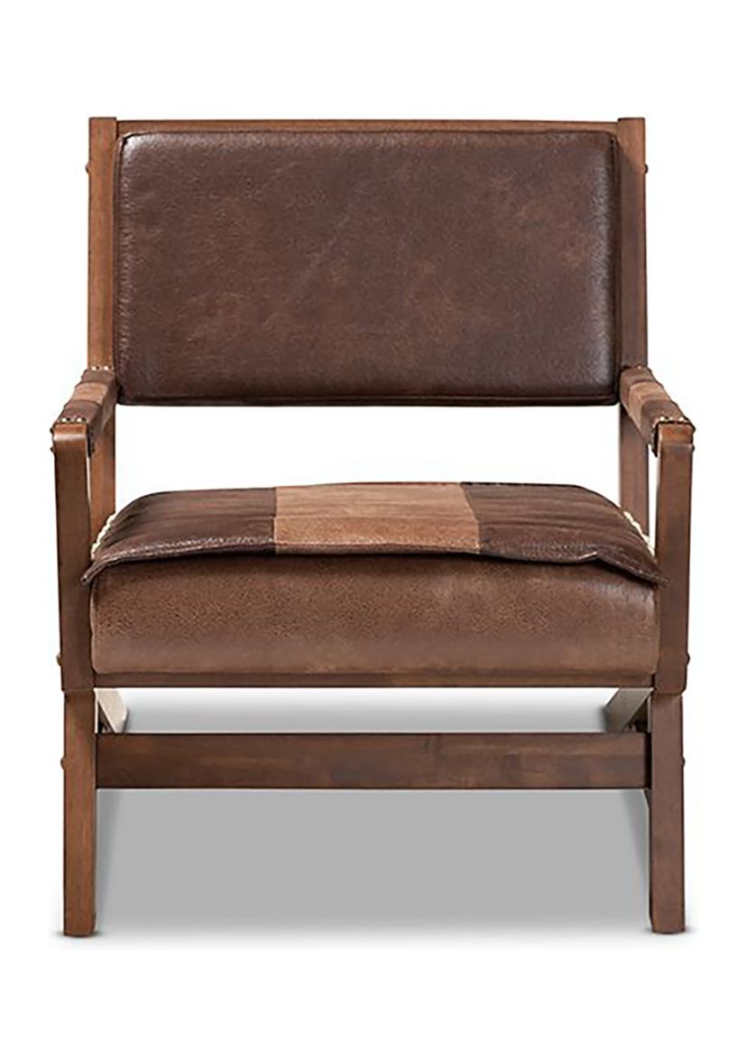 Rovelyn Rustic Brown Faux Leather Effect Fabric Upholstered Walnut Finished Wood Lounge Chair
