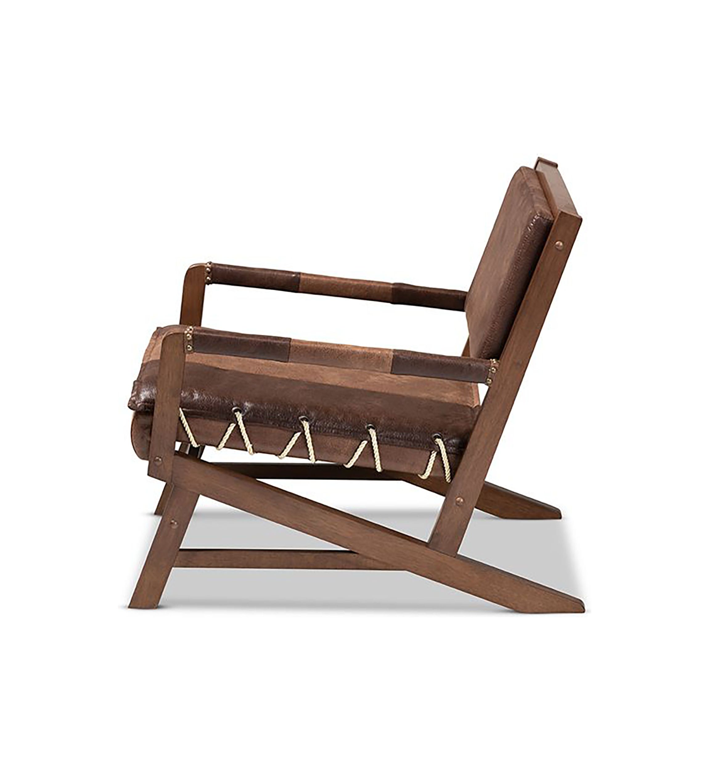 Rovelyn Rustic Brown Faux Leather Effect Fabric Upholstered Walnut Finished Wood Lounge Chair