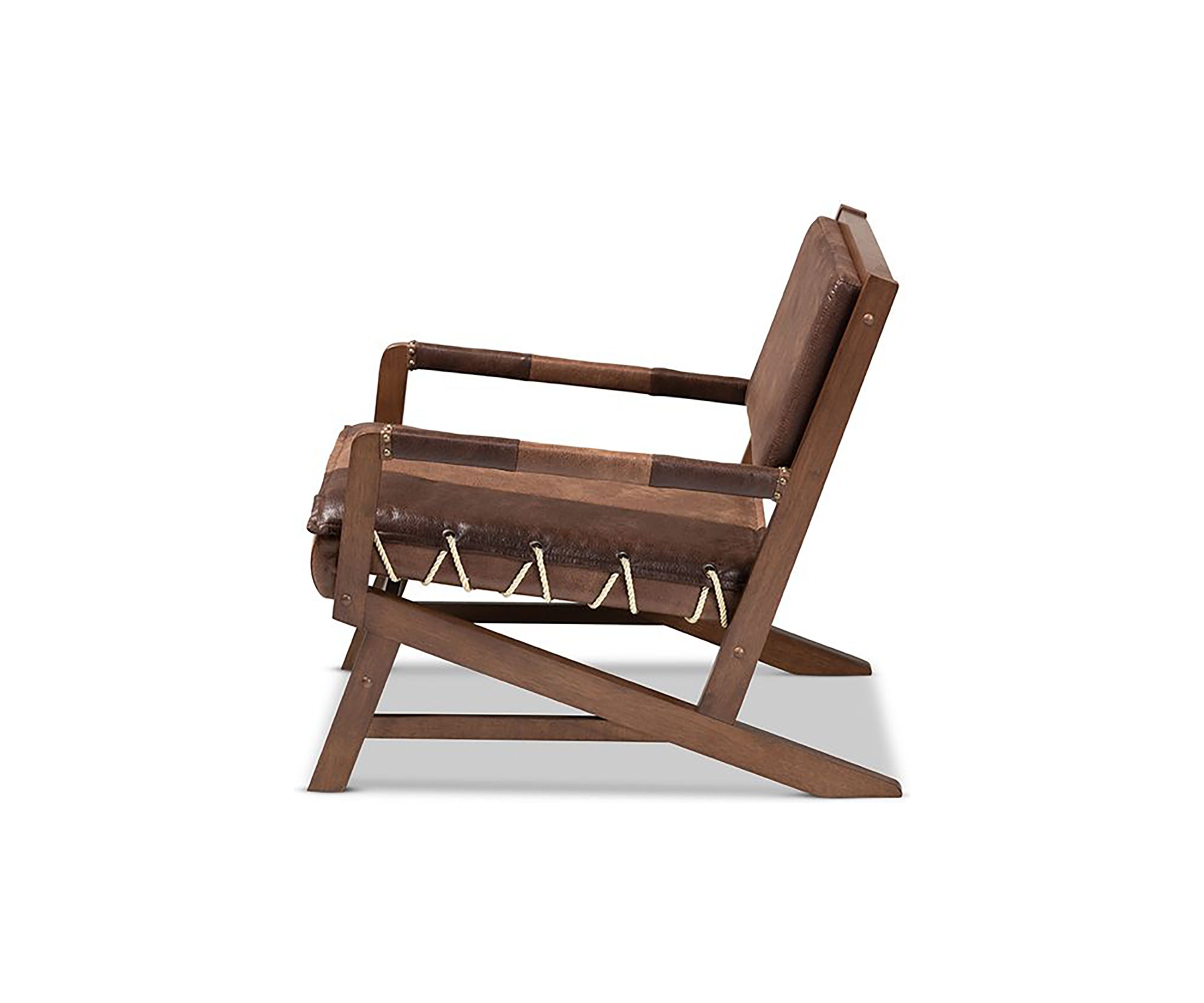Rovelyn Rustic Brown Faux Leather Effect Fabric Upholstered Walnut Finished Wood Lounge Chair