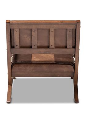 Rovelyn Rustic Brown Faux Leather Effect Fabric Upholstered Walnut Finished Wood Lounge Chair