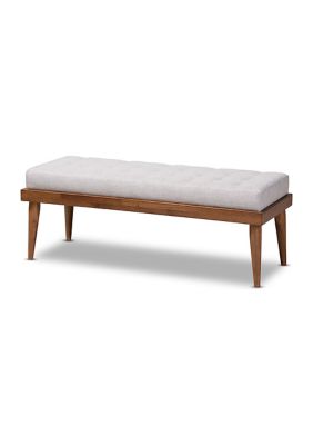 Linus Mid-Century Modern Greyish Beige Fabric Upholstered and Button Tufted Wood Bench