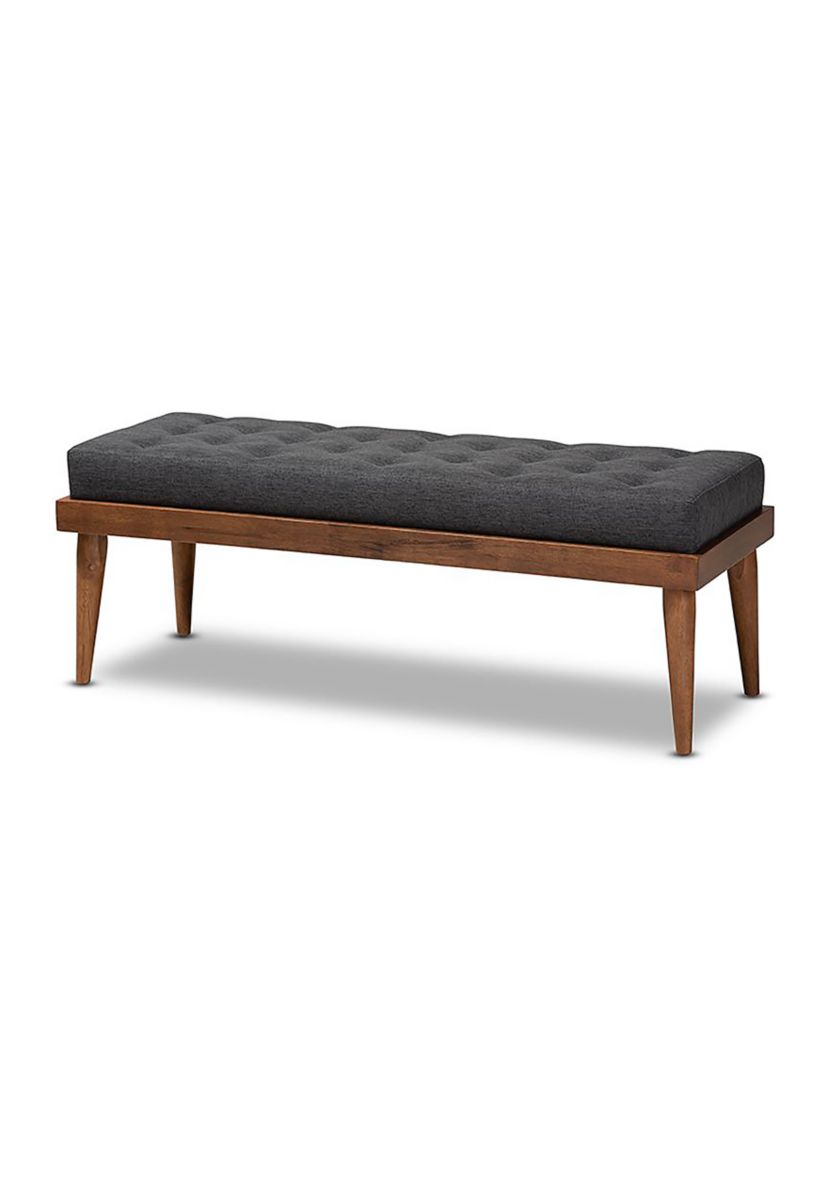 Linus Mid-Century Modern Dark Grey Fabric Upholstered and Button Tufted Wood Bench