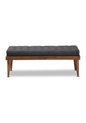 Linus Mid-Century Modern Dark Grey Fabric Upholstered and Button Tufted Wood Bench