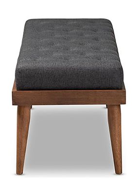 Linus Mid-Century Modern Dark Grey Fabric Upholstered and Button Tufted Wood Bench