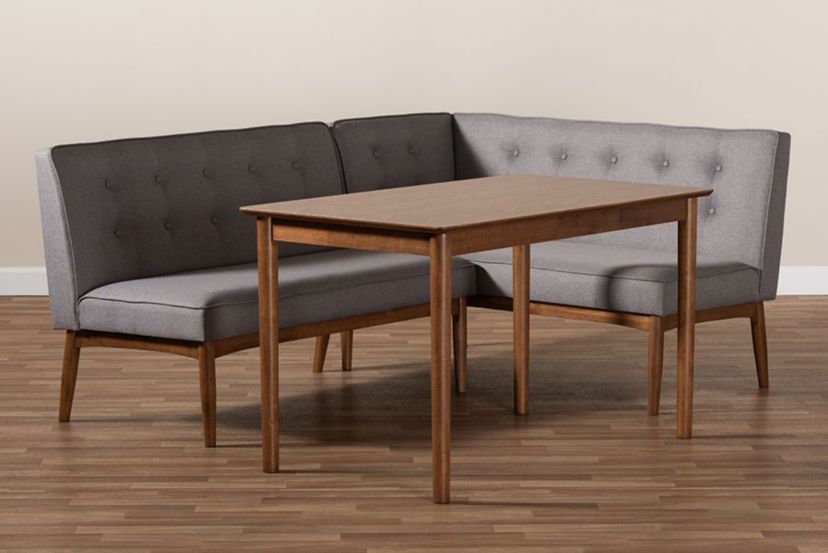 Arvid Mid-Century Modern Gray Fabric Upholstered 3-Piece Wood Dining Nook Set