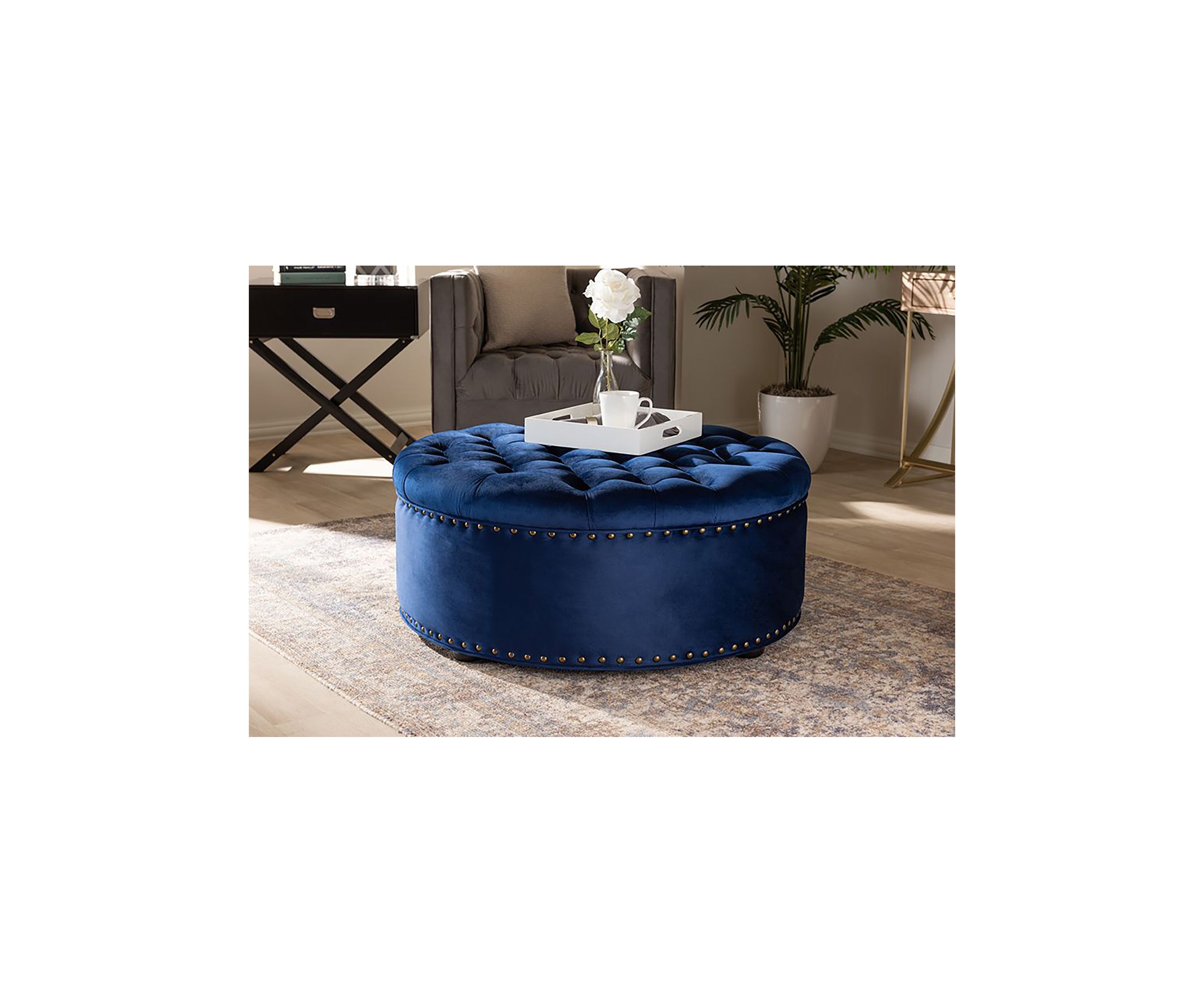 Iglehart Modern and Contemporary Royal Blue Velvet Fabric Upholstered Tufted Cocktail Ottoman
