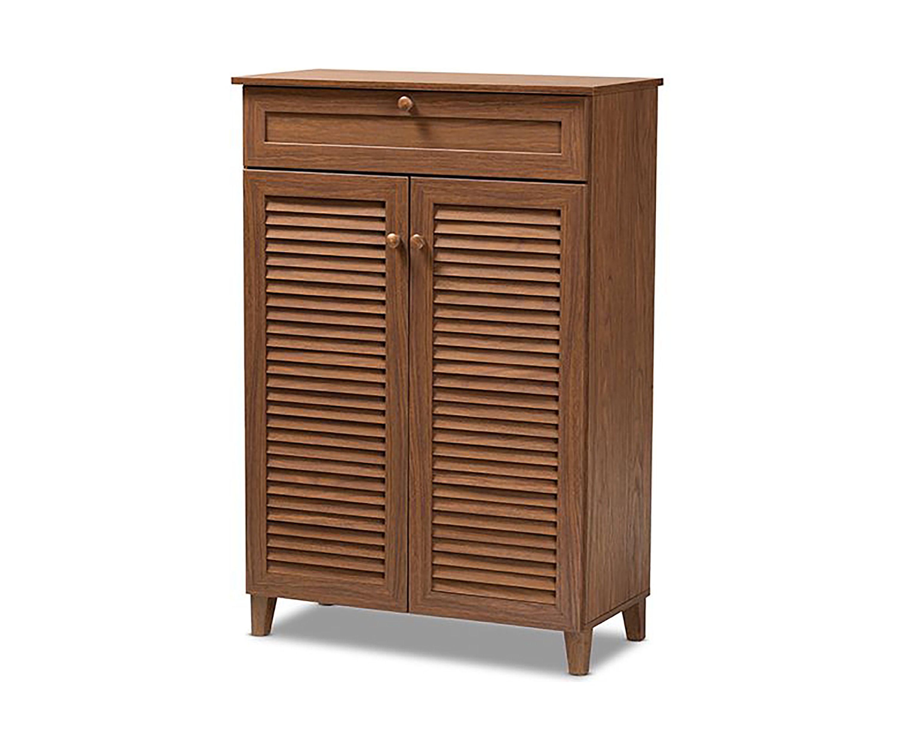Coolidge Modern and Contemporary Walnut Finished 5-Shelf Wood Shoe Storage Cabinet with Drawer