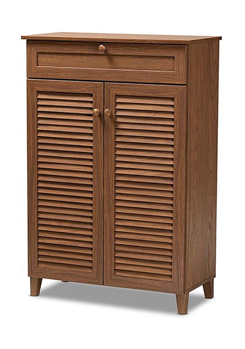 Coolidge Modern and Contemporary Walnut Finished 5-Shelf Wood Shoe Storage Cabinet with Drawer
