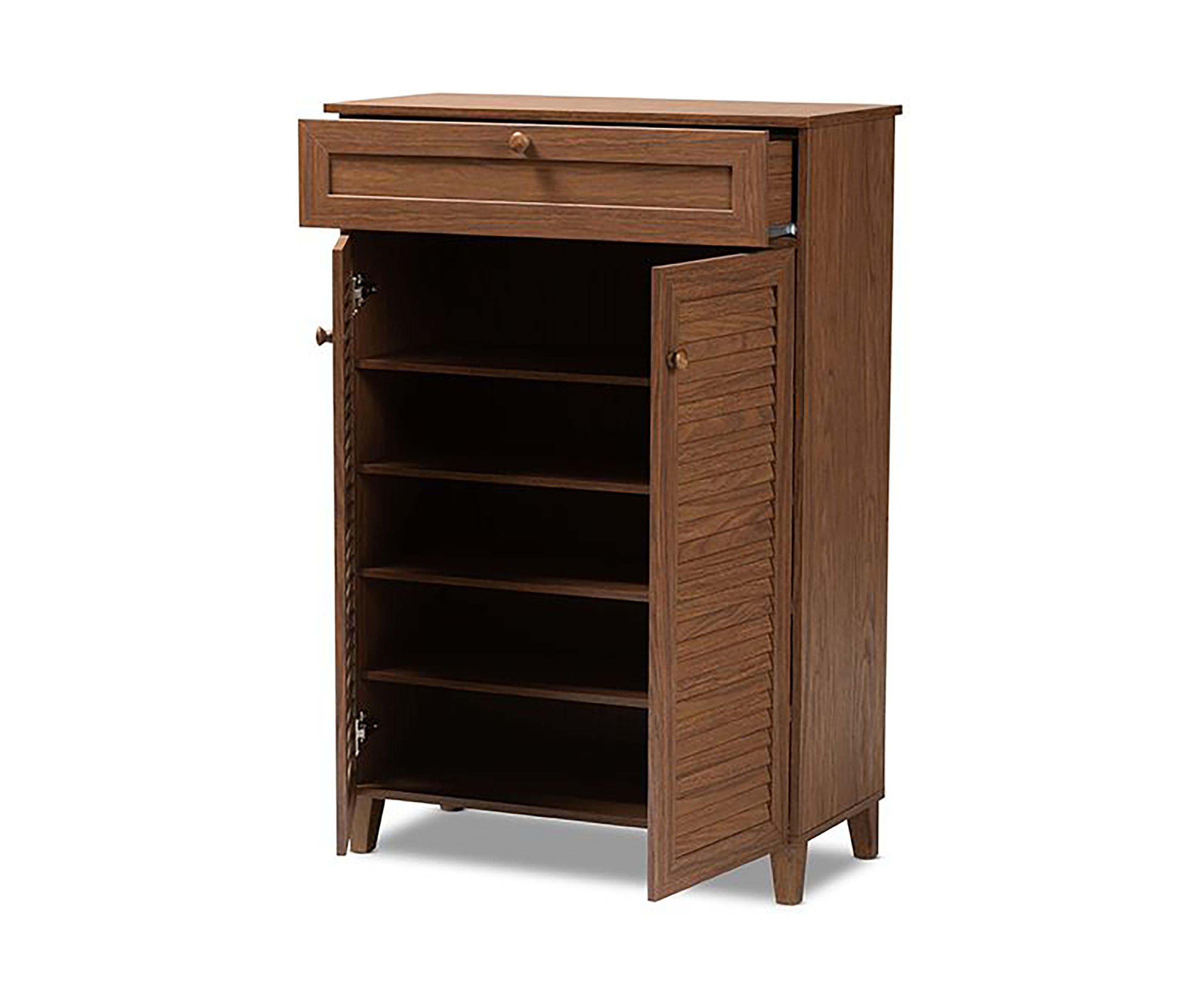 Coolidge Modern and Contemporary Walnut Finished 5-Shelf Wood Shoe Storage Cabinet with Drawer