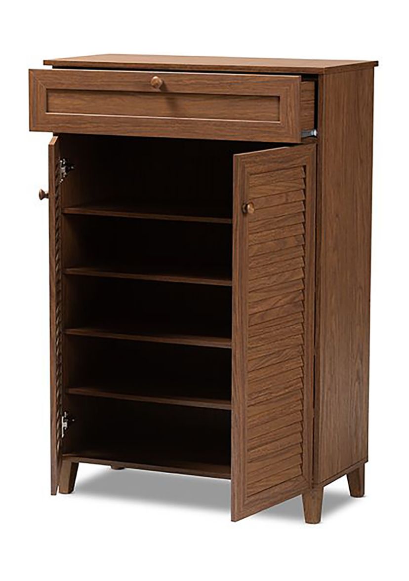 Coolidge Modern and Contemporary Walnut Finished 5-Shelf Wood Shoe Storage Cabinet with Drawer