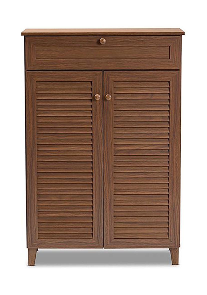 Coolidge Modern and Contemporary Walnut Finished 5-Shelf Wood Shoe Storage Cabinet with Drawer
