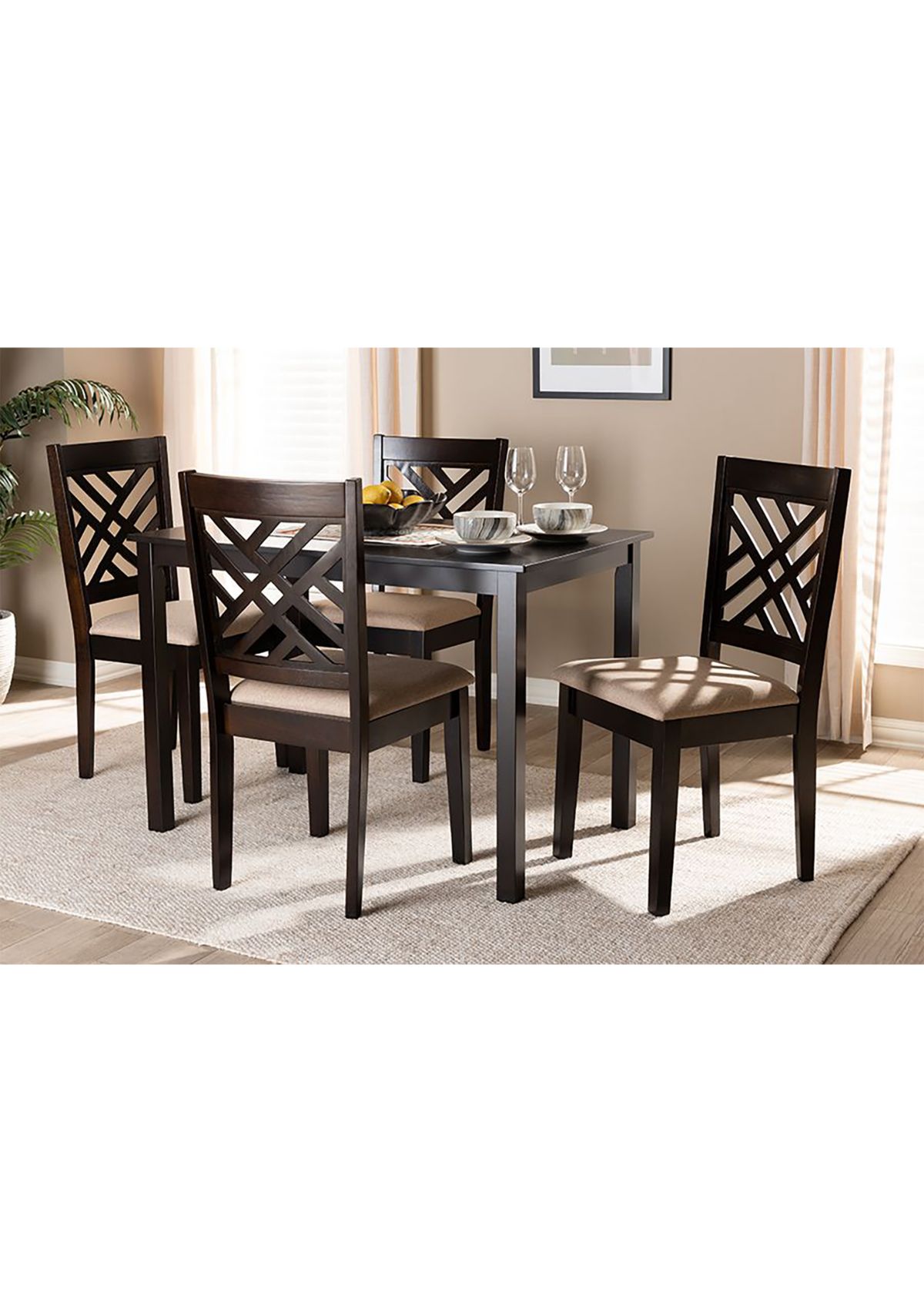 Caron Modern and Contemporary Sand Fabric Upholstered Espresso Brown Finished Wood 5-Piece Dining Set
