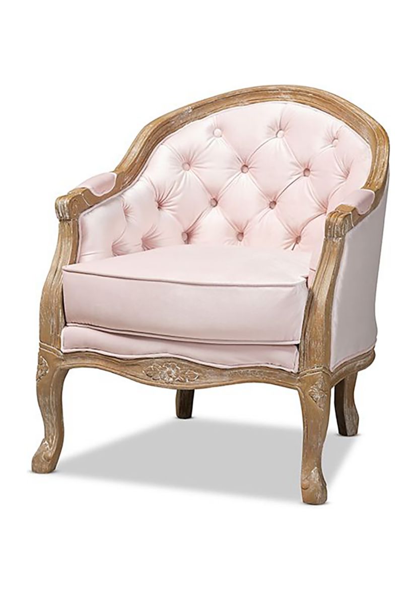 Genevieve Traditional French Provincial Light Pink Velvet Upholstered White-Washed Oak Wood Armchair