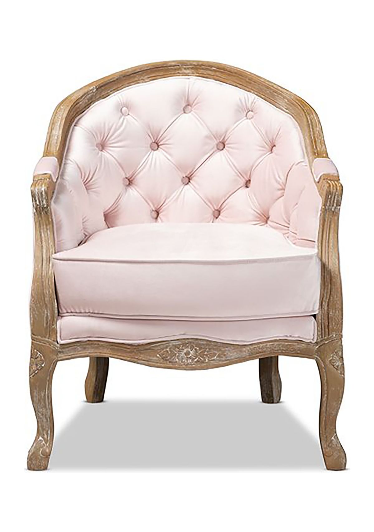 Genevieve Traditional French Provincial Light Pink Velvet Upholstered White-Washed Oak Wood Armchair
