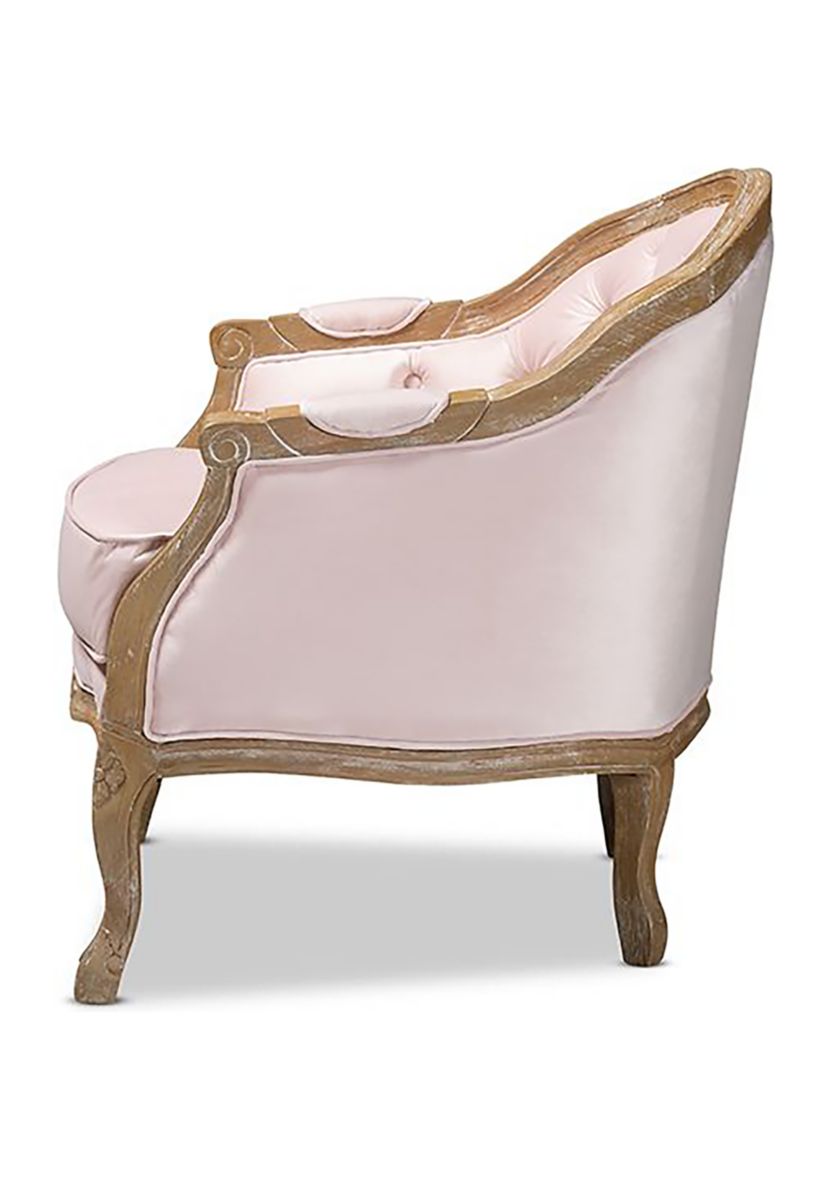Genevieve Traditional French Provincial Light Pink Velvet Upholstered White-Washed Oak Wood Armchair