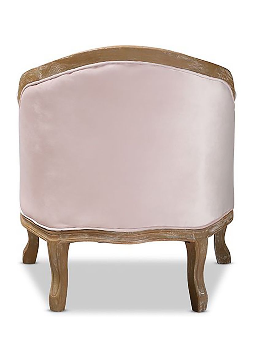 Genevieve Traditional French Provincial Light Pink Velvet Upholstered White-Washed Oak Wood Armchair