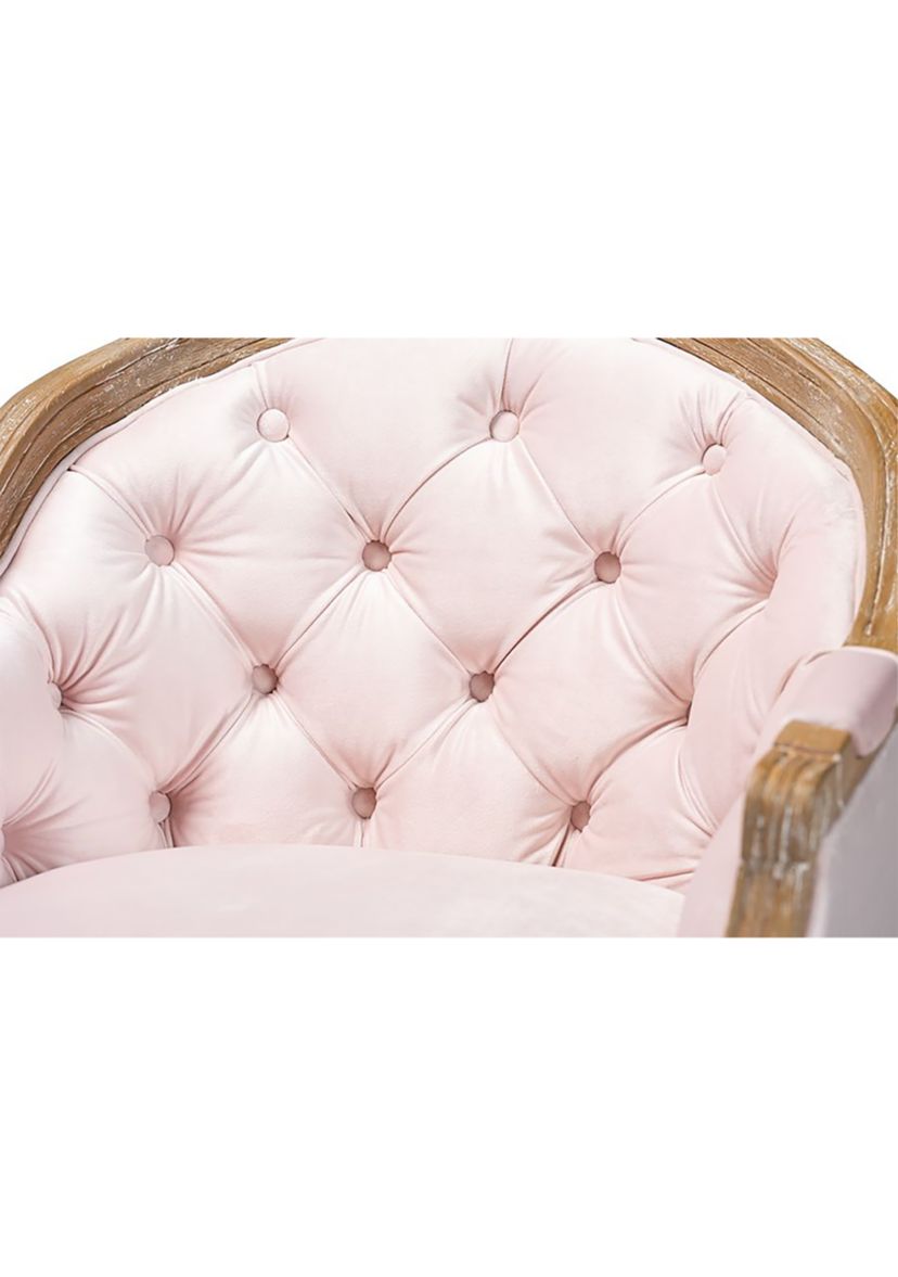 Genevieve Traditional French Provincial Light Pink Velvet Upholstered White-Washed Oak Wood Armchair