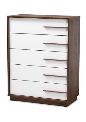 Mette Mid-Century Modern Two-Tone White and Walnut Finished 5-Drawer Wood Chest