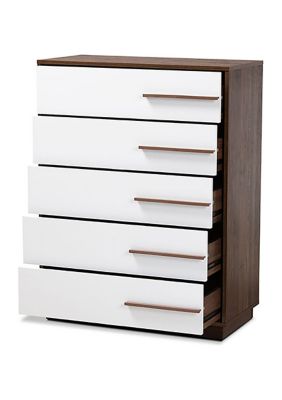 Mette Mid-Century Modern Two-Tone White and Walnut Finished 5-Drawer Wood Chest