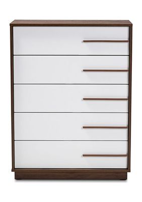 Mette Mid-Century Modern Two-Tone White and Walnut Finished 5-Drawer Wood Chest