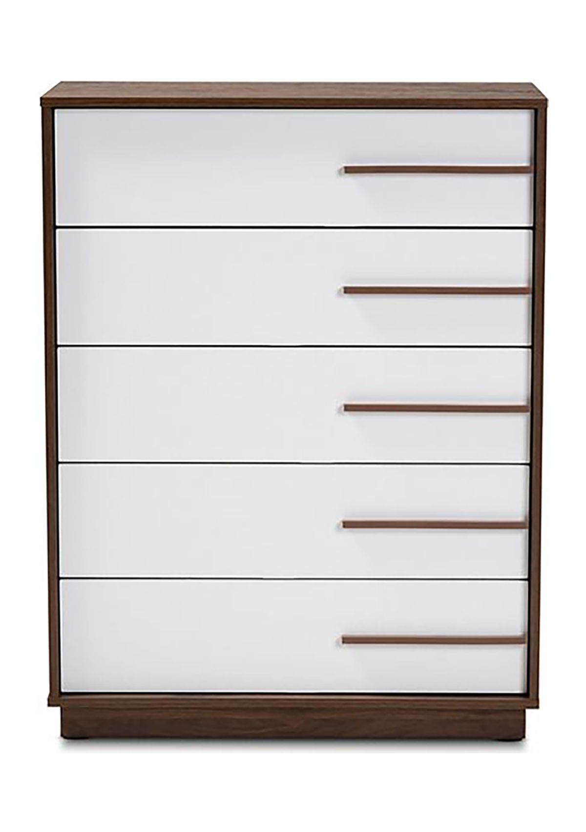 Mette Mid-Century Modern Two-Tone White and Walnut Finished 5-Drawer Wood Chest