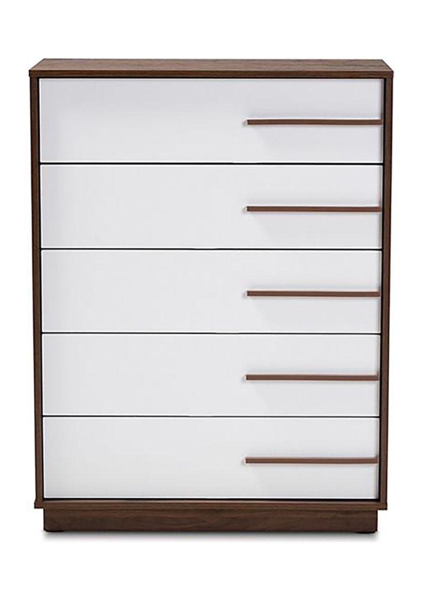 Mette Mid-Century Modern Two-Tone White and Walnut Finished 5-Drawer Wood Chest