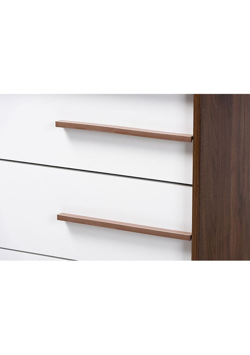 Mette Mid-Century Modern Two-Tone White and Walnut Finished 5-Drawer Wood Chest