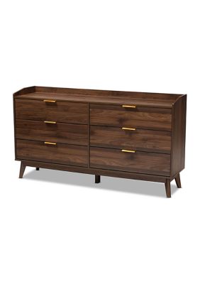 Lena Mid-Century Modern Walnut Brown Finished 6-Drawer Wood Dresser