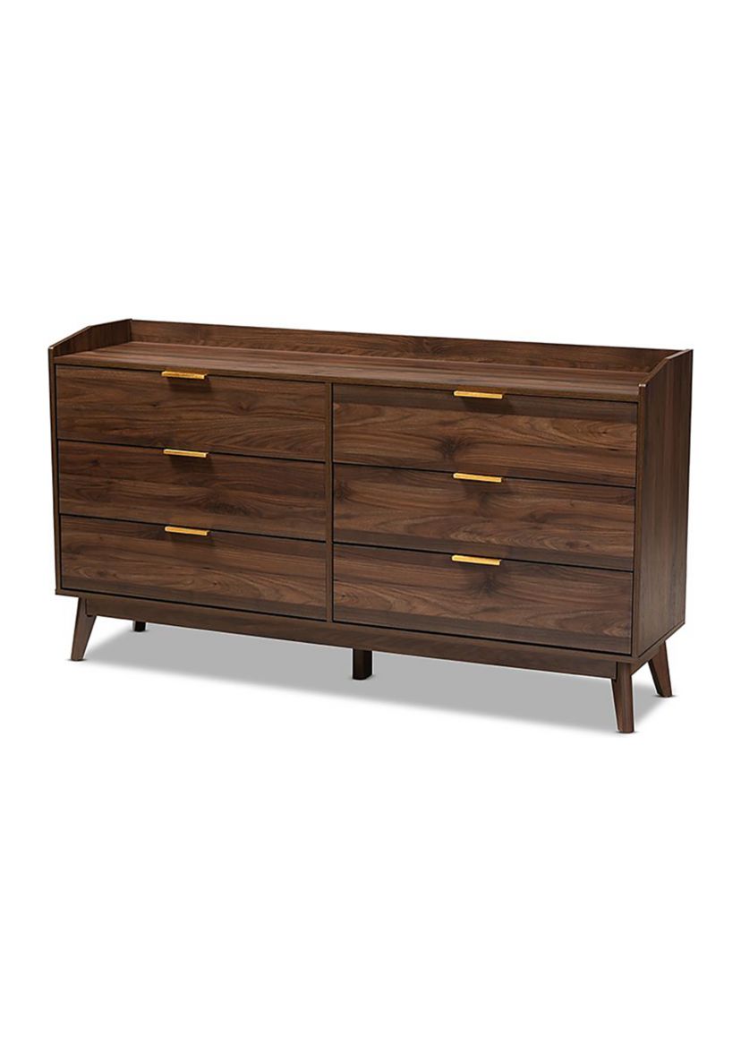 Lena Mid-Century Modern Walnut Brown Finished 6-Drawer Wood Dresser