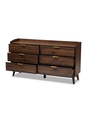 Lena Mid-Century Modern Walnut Brown Finished 6-Drawer Wood Dresser