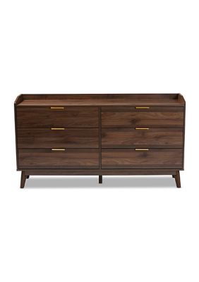 Lena Mid-Century Modern Walnut Brown Finished 6-Drawer Wood Dresser