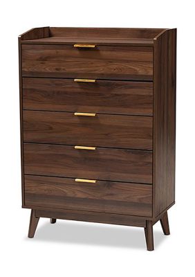 Baxton Studio Lena Mid-Century Modern Walnut Brown Finished 5-Drawer Wood Chest