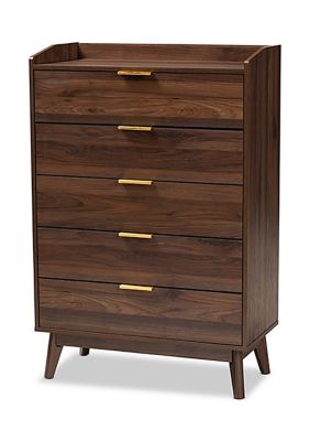 Lena Mid-Century Modern Walnut Brown Finished 5-Drawer Wood Chest