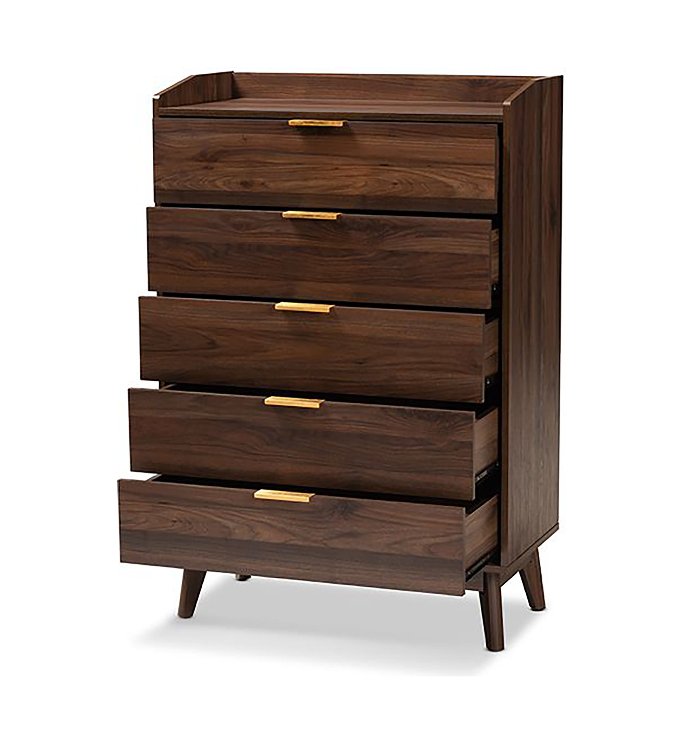 Lena Mid-Century Modern Walnut Brown Finished 5-Drawer Wood Chest