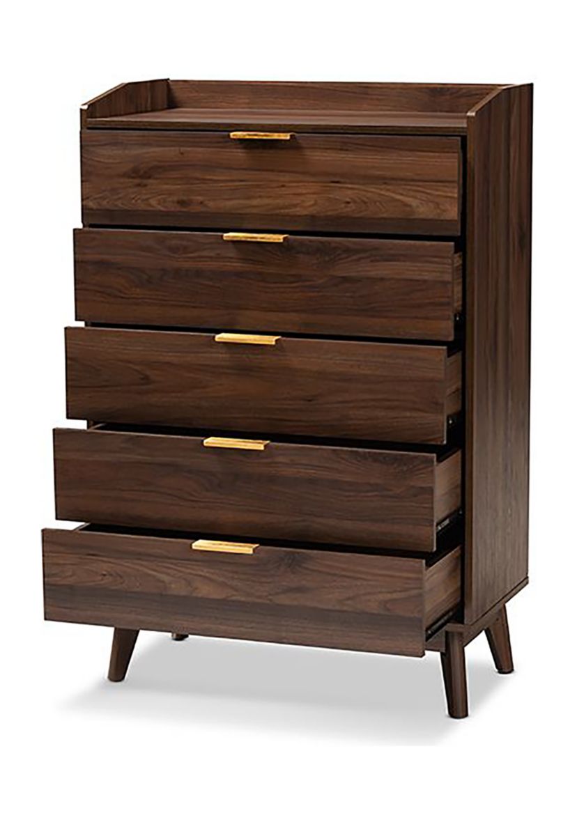 Lena Mid-Century Modern Walnut Brown Finished 5-Drawer Wood Chest