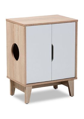 Romy Mid-Century Modern Two-Tone Oak and White Finished 2-Door Wood Cat Litter Box Cover House