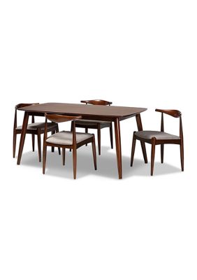 Baxton Studio Aeron Mid-Century Modern Light Gray Fabric Upholstered Walnut Finished Wood 5-Piece Dining Set