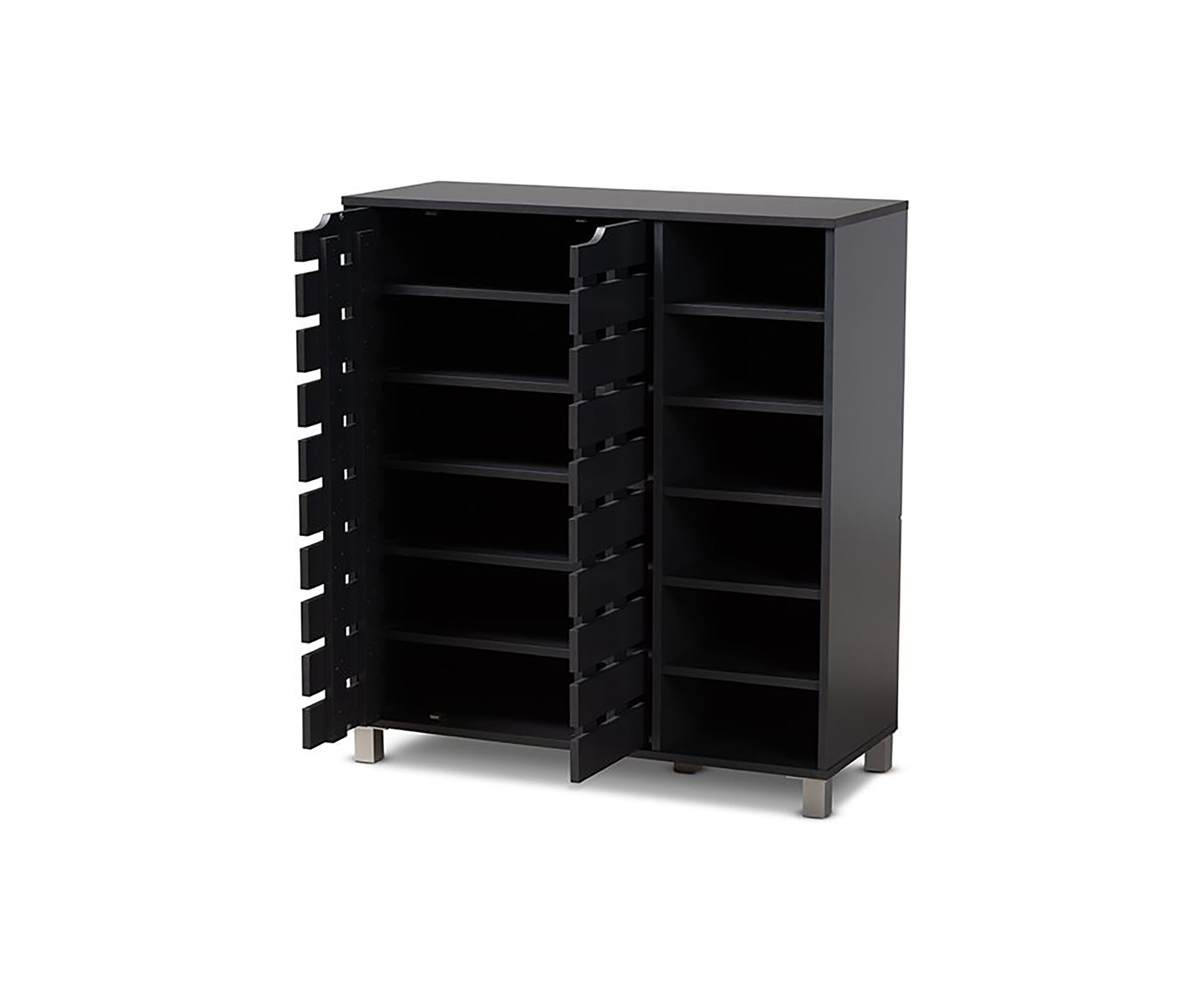 Shirley Modern and Contemporary Dark Grey Finished 2-Door Wood Shoe Storage Cabinet with Open Shelves