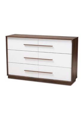 Mette Mid-Century Modern White and Walnut Finished 6-Drawer Wood Dresser